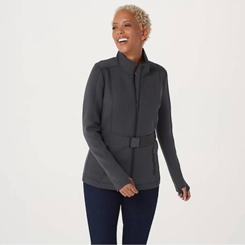 Zuda belted‎ scuba knit Women's Zip Up Jacket long sleeve Gray size X-small